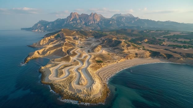 An aerial view of a winding road on the side of an island