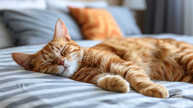 A cat sleeping on a bed with its eyes closed