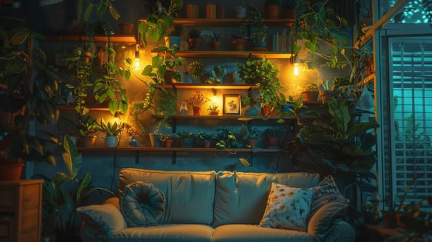 A couch with a lot of plants on the wall