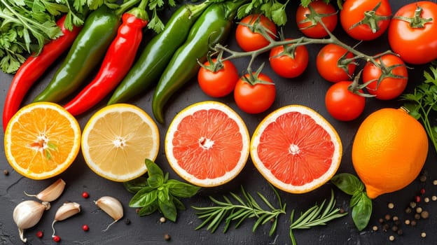 A variety of fruits and vegetables are arranged on a table