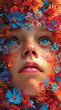A close up of a girl surrounded by flowers and leaves