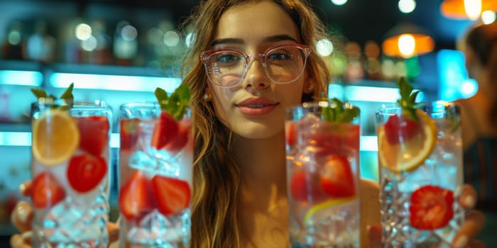 A woman holding glasses with ice and fruit in them