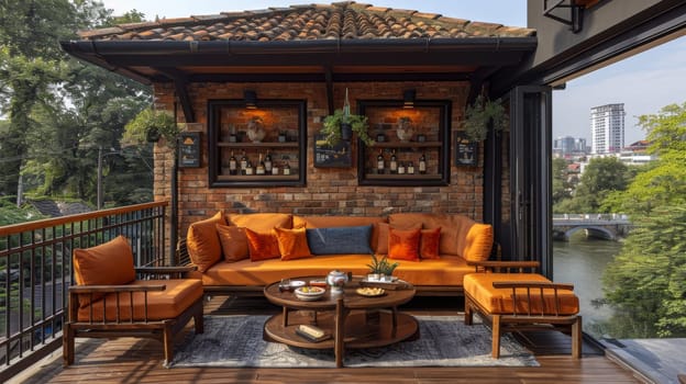 A patio with a couch, table and chairs on it