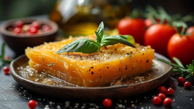 A plate of food with a tomato and basil leaf on it