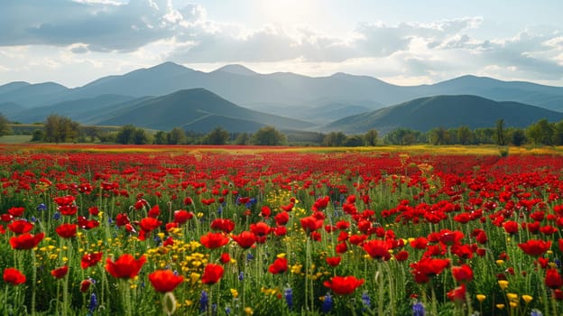 A field of flowers with mountains in the background