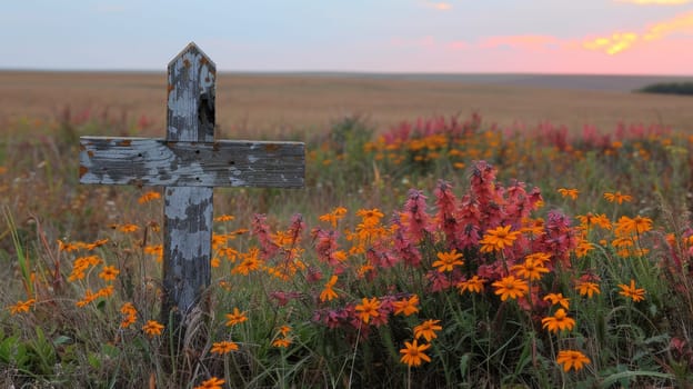 A wooden cross in a field of wildflowers with sunset behind