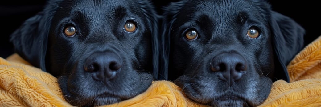 Two black dogs laying on a blanket with their eyes open