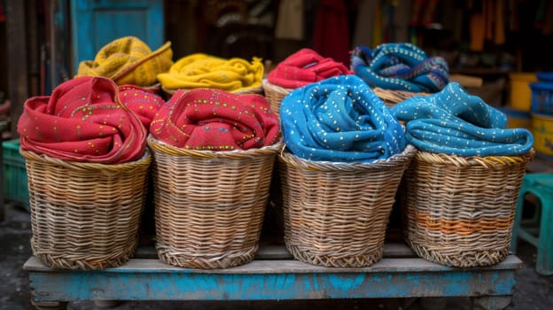 A bunch of baskets filled with different colored cloths on a cart