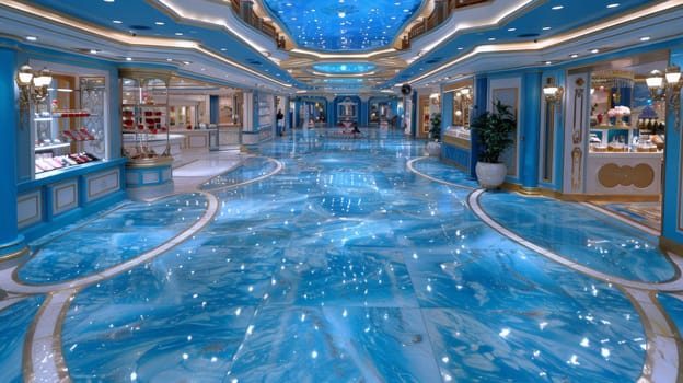 A large room with blue marble floor and lots of lights