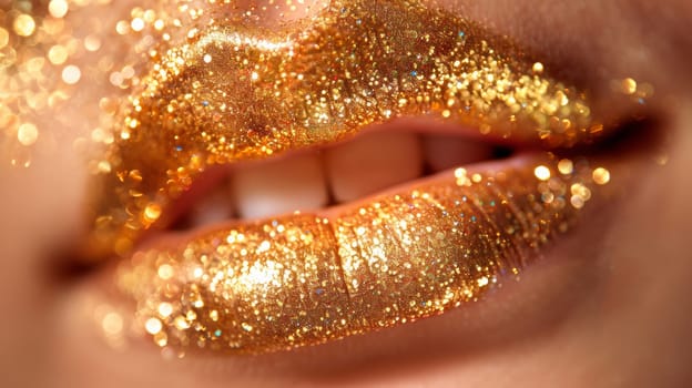 Close up of a woman's lips with gold glitter on them