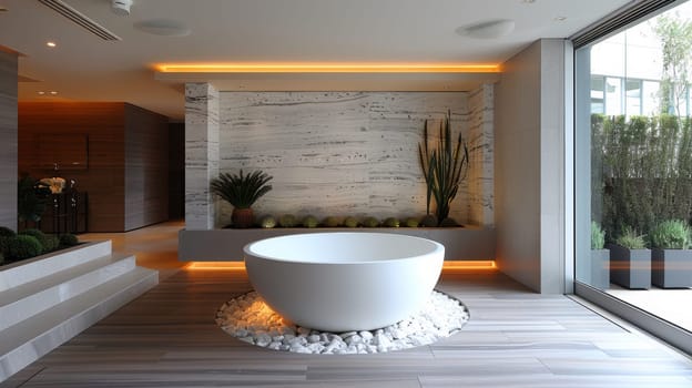 A modern bathroom with a large white bathtub and plants