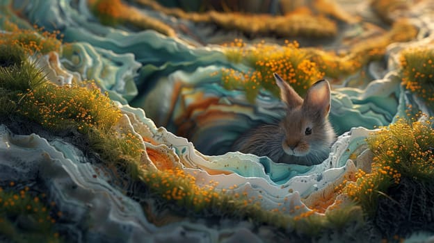 A rabbit is sitting in a hole surrounded by flowers