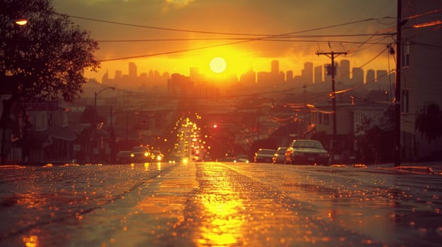 A city street with a sunset in the background and cars on it