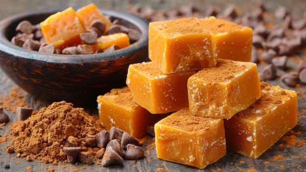 A pile of cubes and chocolate chips on a table