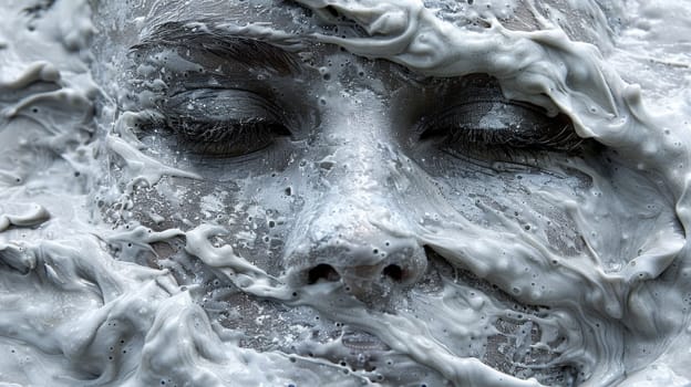 A close up of a woman's face covered in white foam