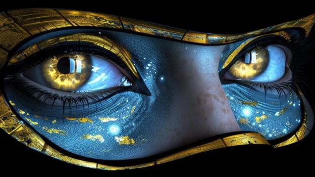 A close up of a woman's face with blue and gold makeup