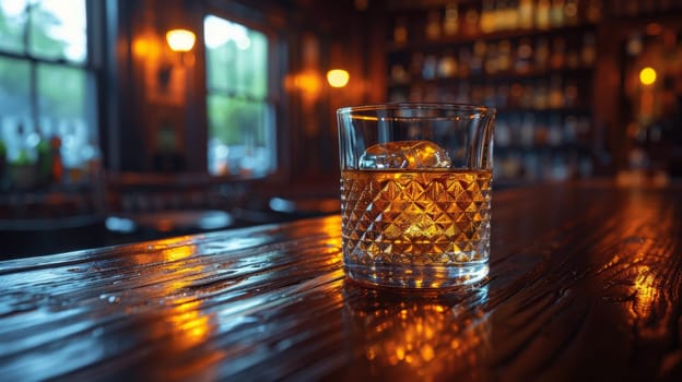 A glass of a drink sitting on top of the bar