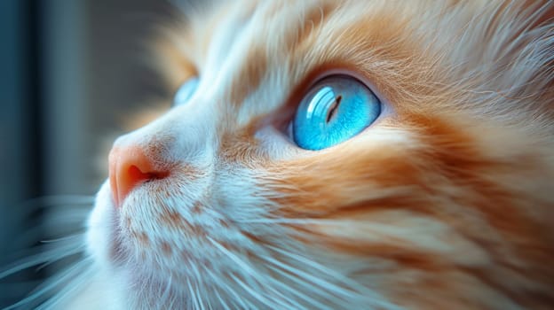 A close up of a cat with blue eyes looking at something