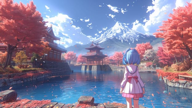 A girl in blue dress standing by water with mountains behind her