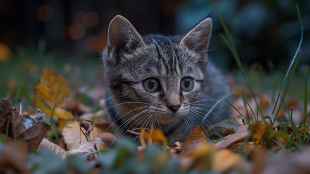 A small kitten sitting in a pile of leaves and grass