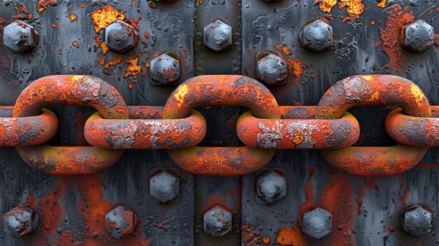 A close up of a rusty chain with rivets on it