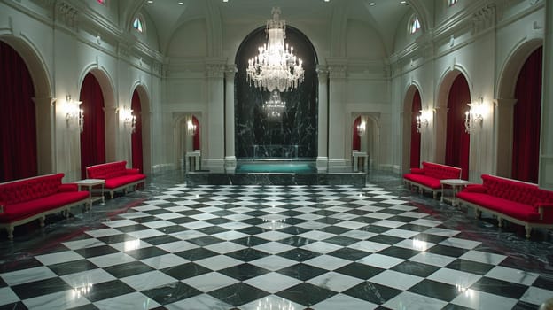 A large room with a checkered floor and red benches