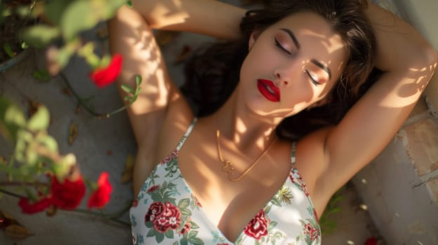 A woman in a floral top with red lipstick laying on the ground