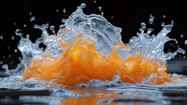 A close up of a orange being splashed with water