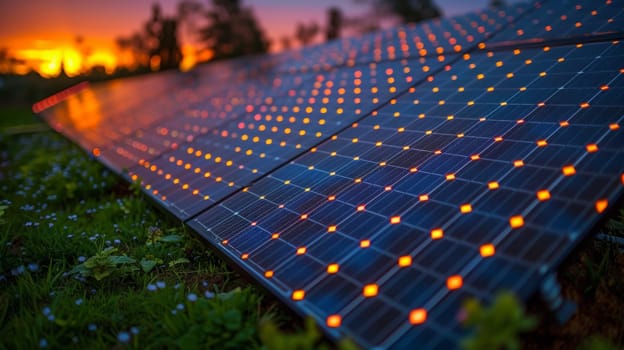 A solar panel with lights on it in the evening