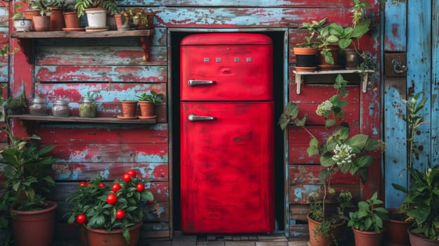 A red refrigerator in a rustic looking building with plants and pots