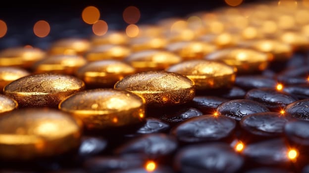 A row of golden balls are sitting on a black background