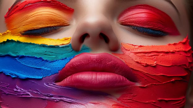 A woman with painted face and lips covered in colorful paint