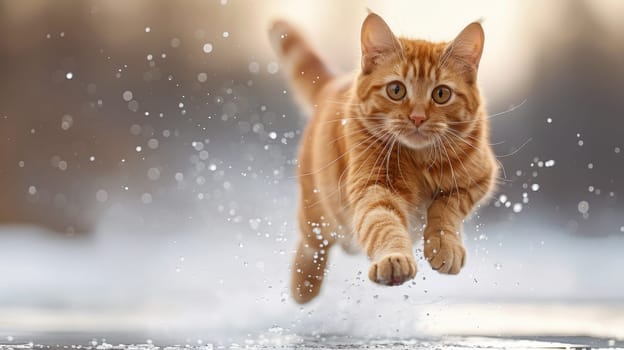 A cat running through water with a splash of snow