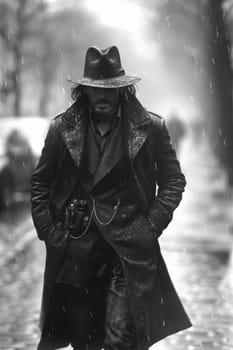 A man in a hat and coat walking down the street