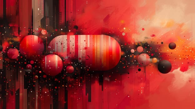 A painting of a red and orange abstract design with dots