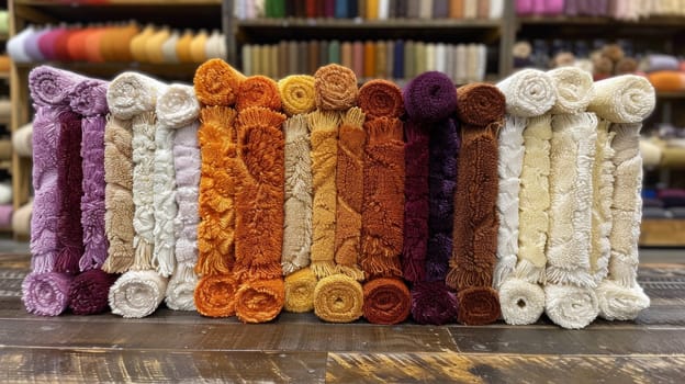 A row of colorful towels are stacked on top of each other