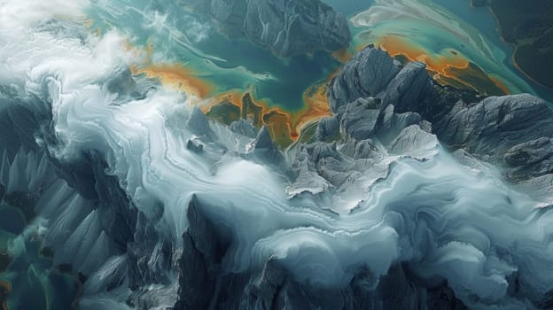 A close up of a mountain range with clouds and water