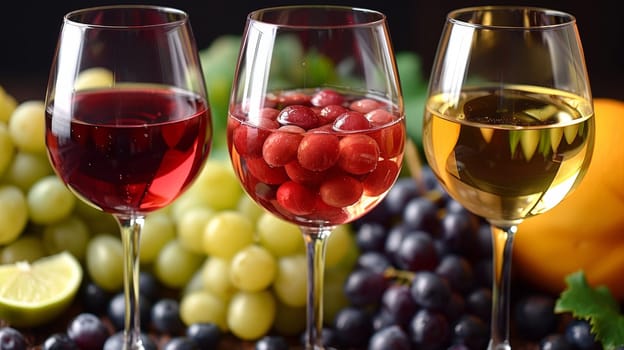 Three glasses of wine with different fruits and vegetables in them