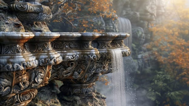 A fountain with a waterfall in the background of an image