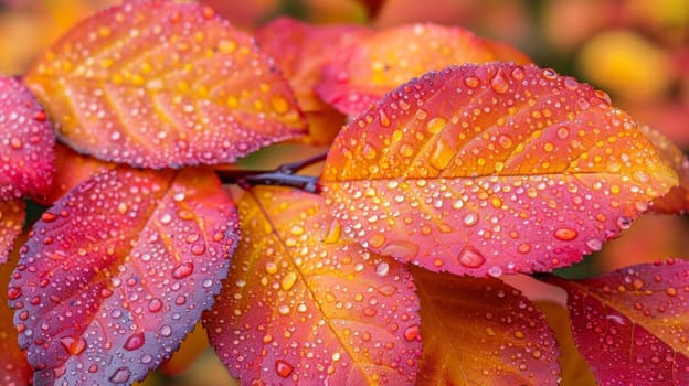 A close up of a colorful leaf with water droplets on it