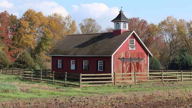 A small red barn with a steeple in the middle of an open field