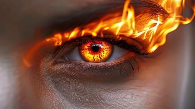 A close up of a woman's eye with fire in it