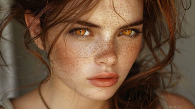 A close up of a woman with freckles and brown eyes