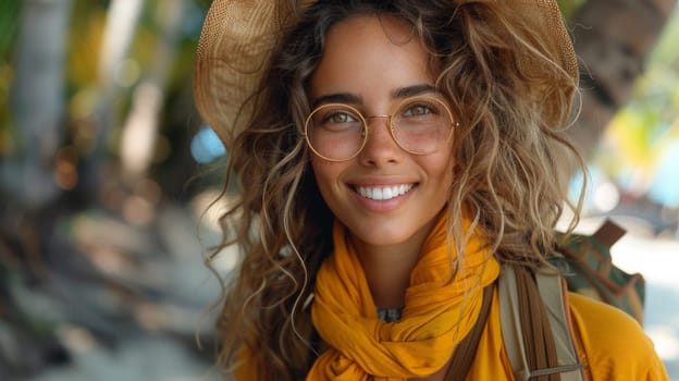 A woman with glasses and a hat smiling for the camera