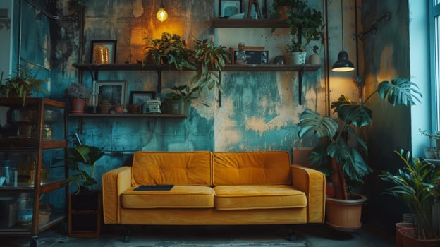 A yellow couch in a room with plants and potted flowers