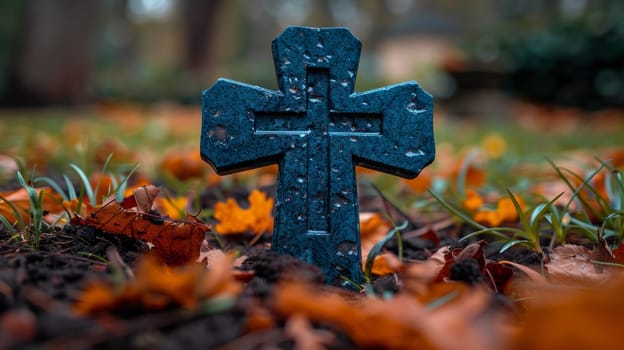 A blue cross in the middle of a field covered with leaves