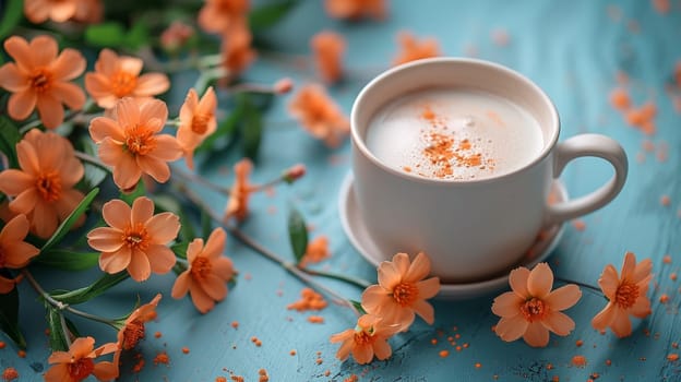 A cup of coffee with a sprinkle on top sitting next to orange flowers