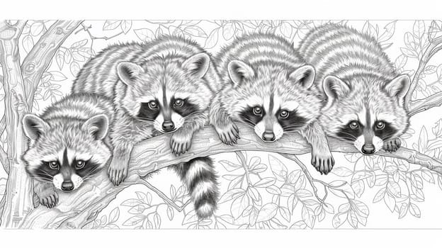 Three raccoons are sitting on a branch in this coloring page