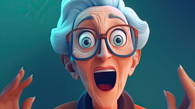Cartoon illustration of an elderly woman with blue hair and oversized glasses, expressing shock - Generative AI