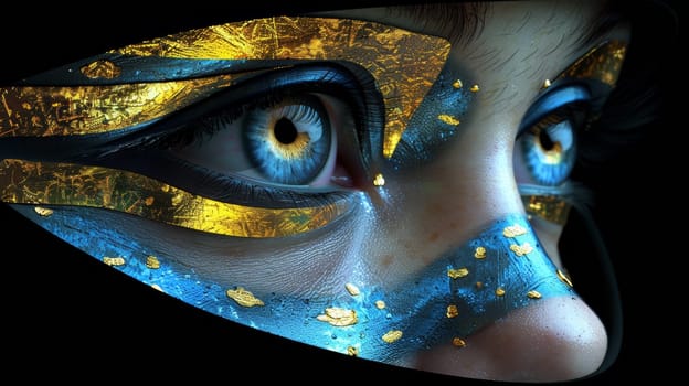 A close up of a woman's face with blue and gold paint